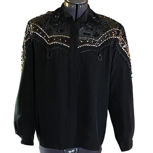 EREZ Womens 6 Silk Black Rhinestone Fringed Leather Snake Button Front Blouse